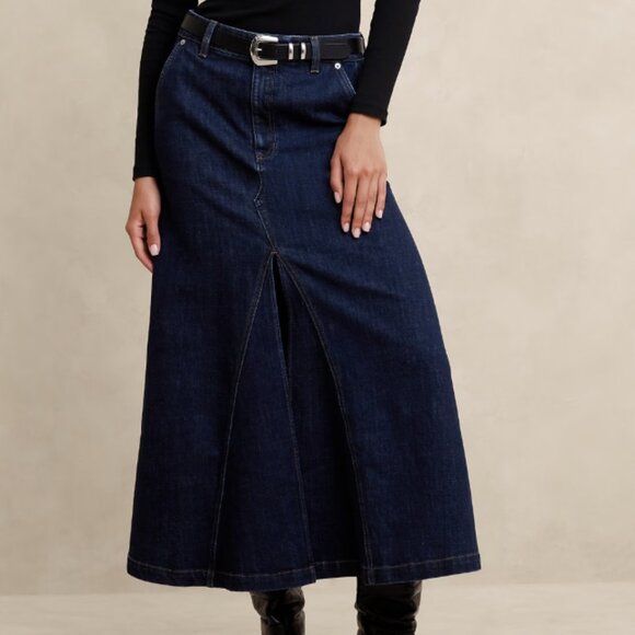 Center Split Classic Denim Maxi Skirt - Picture 3 of 9